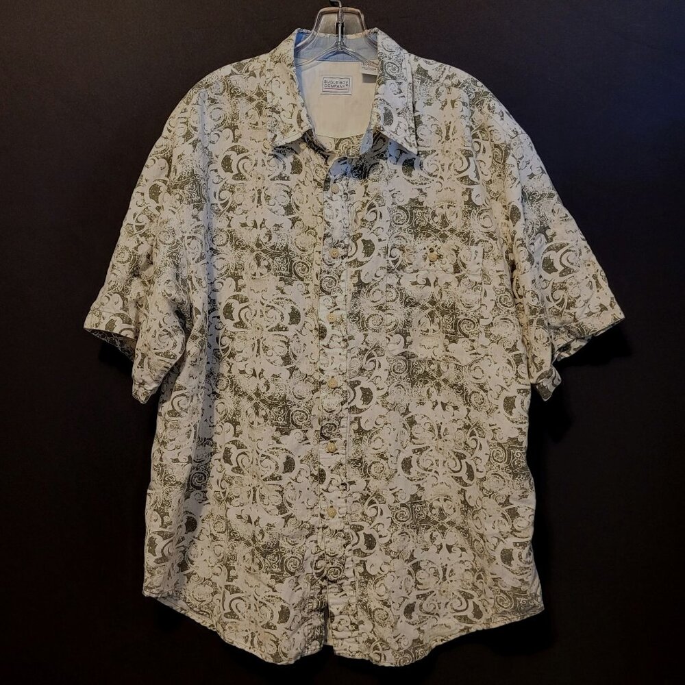 Vintage Bugle Boy Button Up Shirt Greenish Gray Print Adult Large Cotton Blend